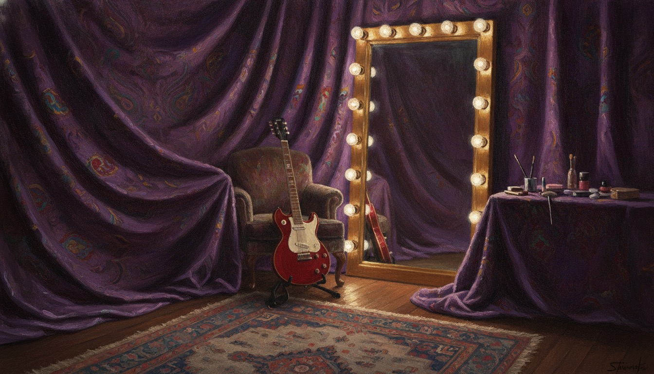 A paisley-patterned dressing room draped in purple velvet with an electric guitar and a mirror with warm bulbs