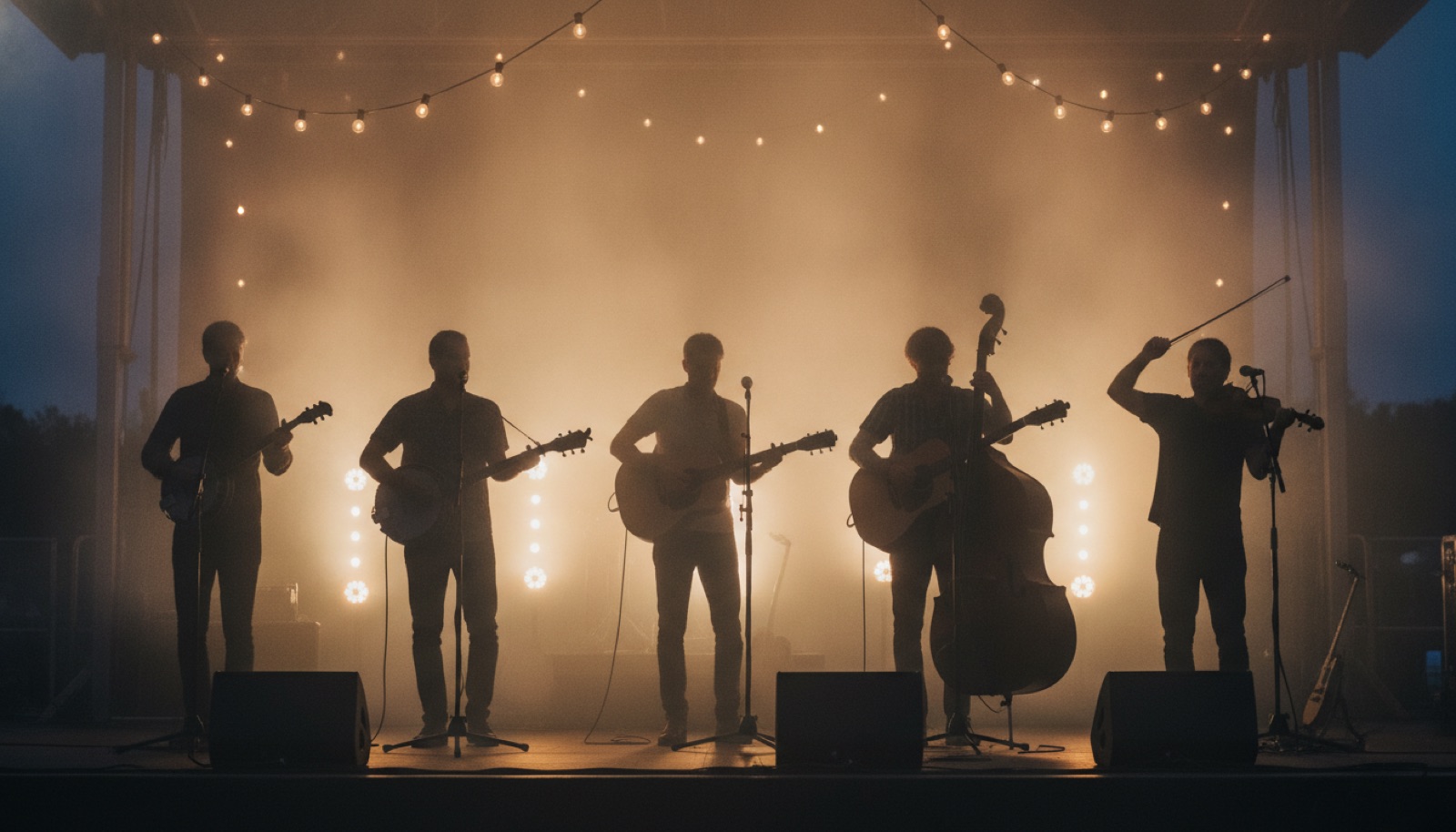 A string band in silhouette on a smoky festival stage at dusk under warm stage lights