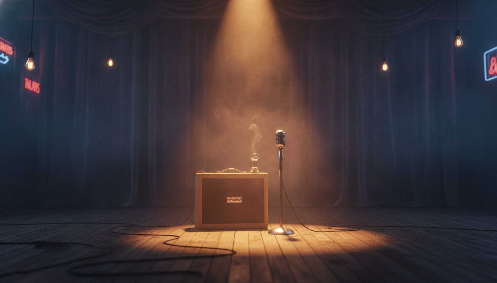 A guitarist silhouetted on a smoky stage under a single warm spotlight, mid-solo