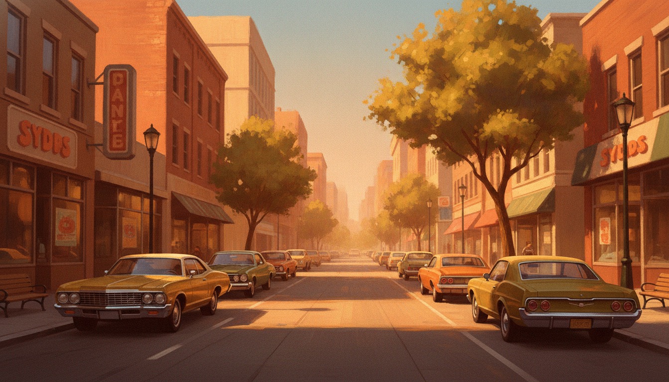 A sunlit vibrant city street scene in warm 1970s color, optimism and warmth