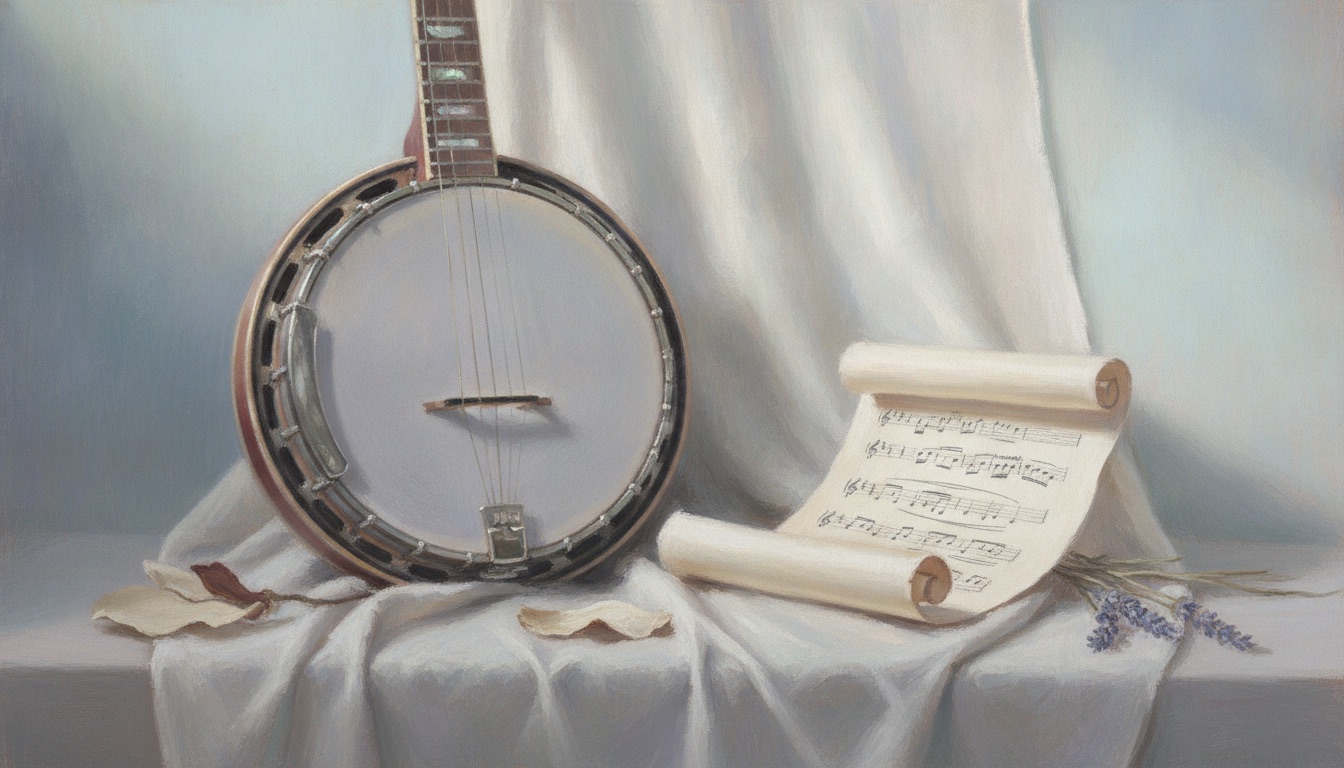 A soft pastel still life of a banjo and sheet music in pale blue and pink morning light