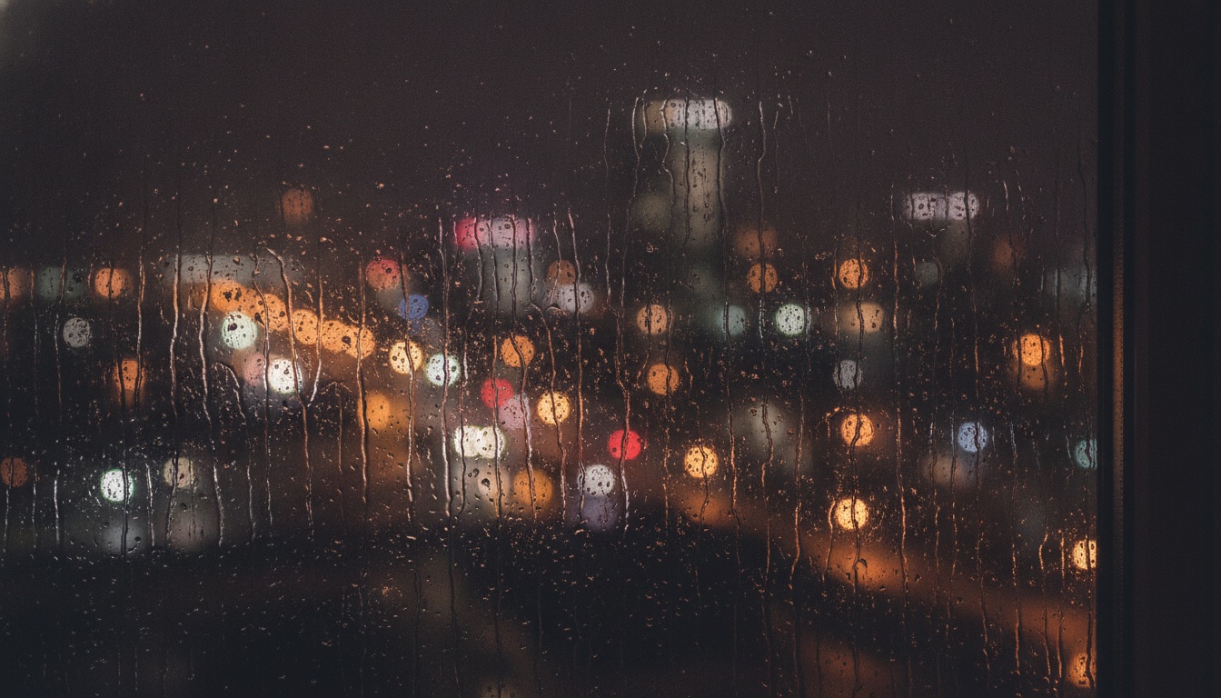 A rain-streaked city window at night with blurred amber and red lights beyond, moody and quiet
