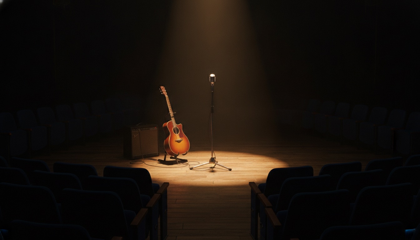 A dim stage with a single warm spotlight, a microphone stand, and a guitar, quiet before a show