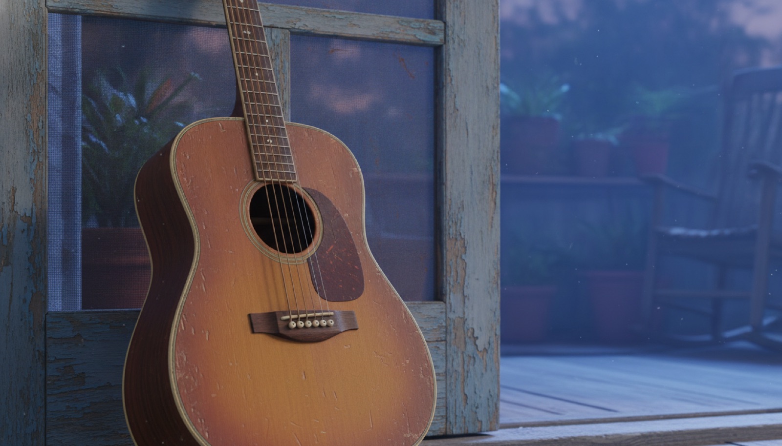 A well-worn acoustic guitar leaning against a screen door with soft evening light coming through