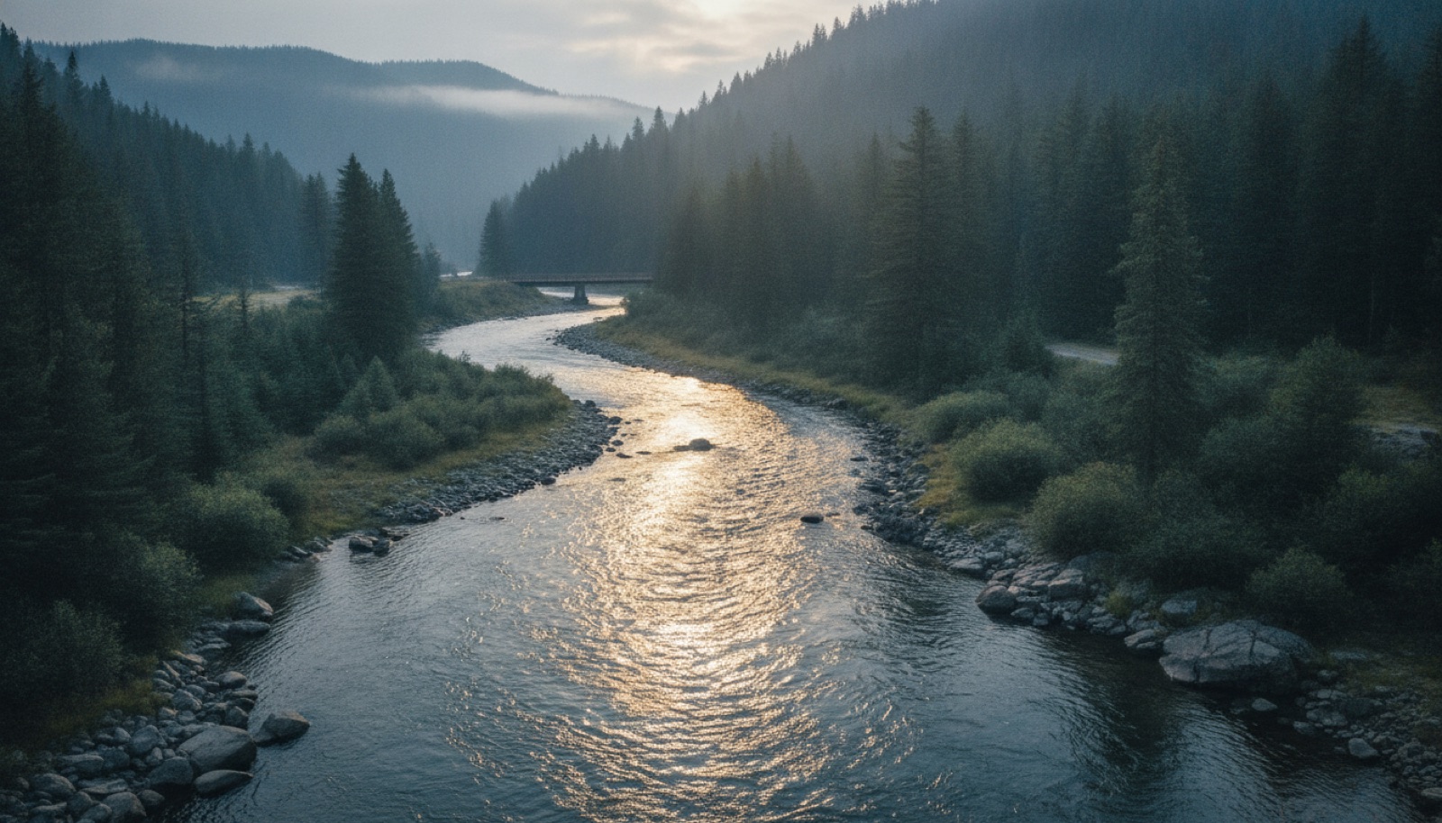 Sunlight scattering across a slow-moving river between pine-covered hills