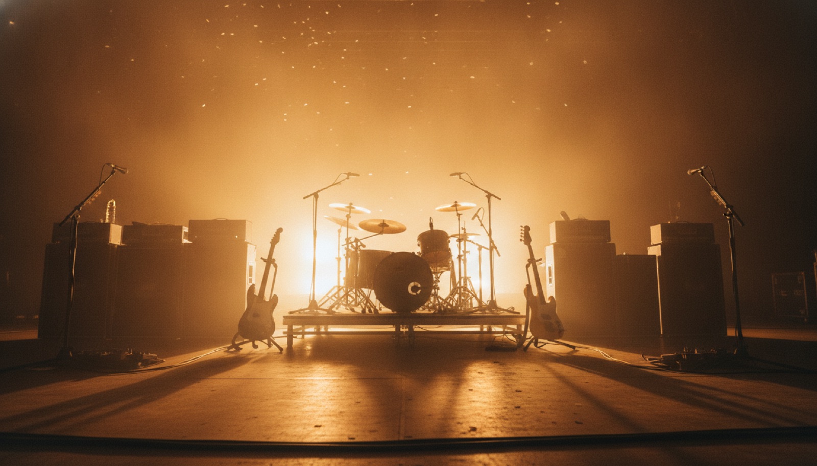 Five musicians silhouetted on a small stage lit by warm amber stage lights