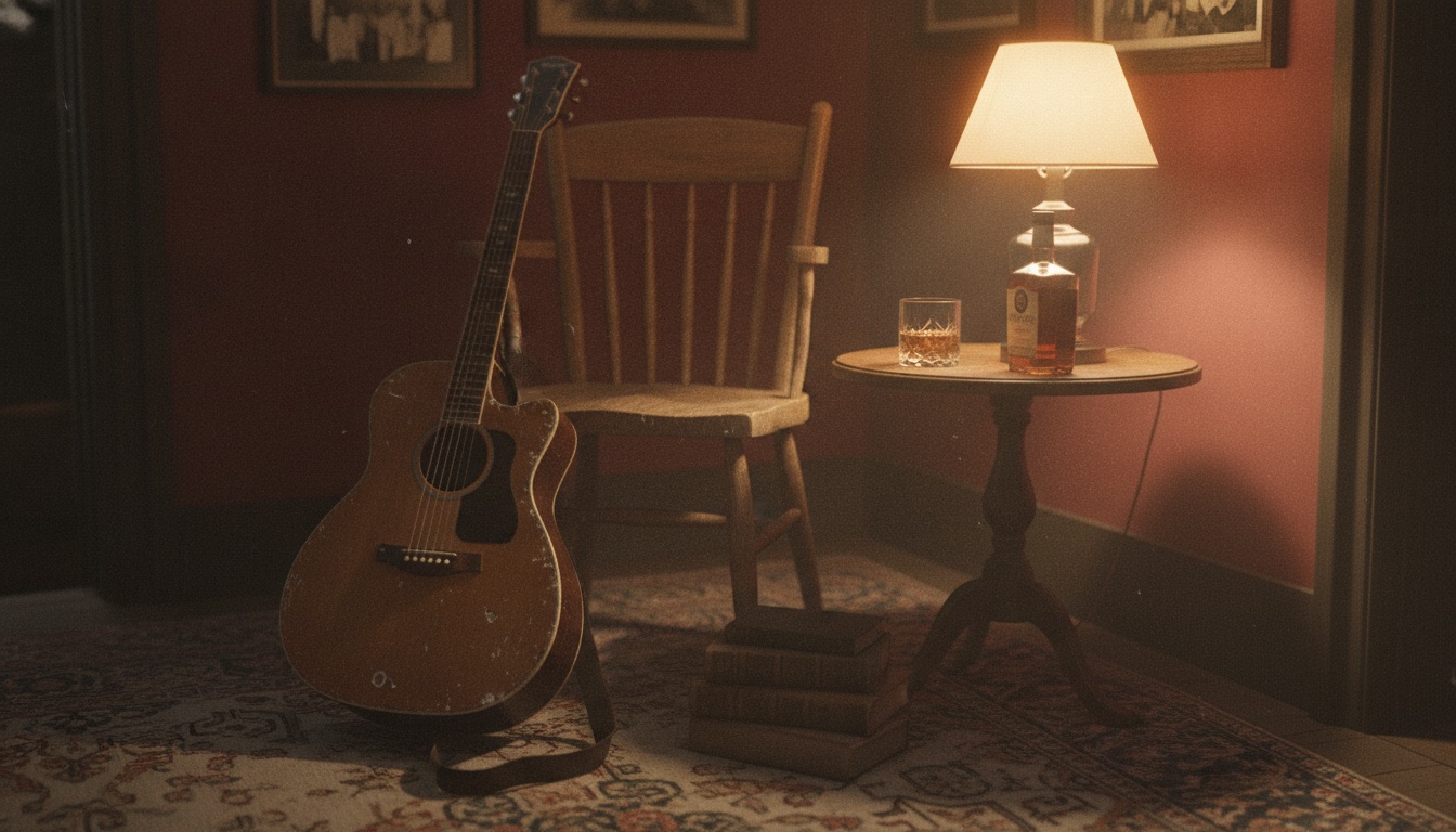 A worn acoustic guitar leaning against a chair in a dim room with warm lamplight and a whiskey glass nearby