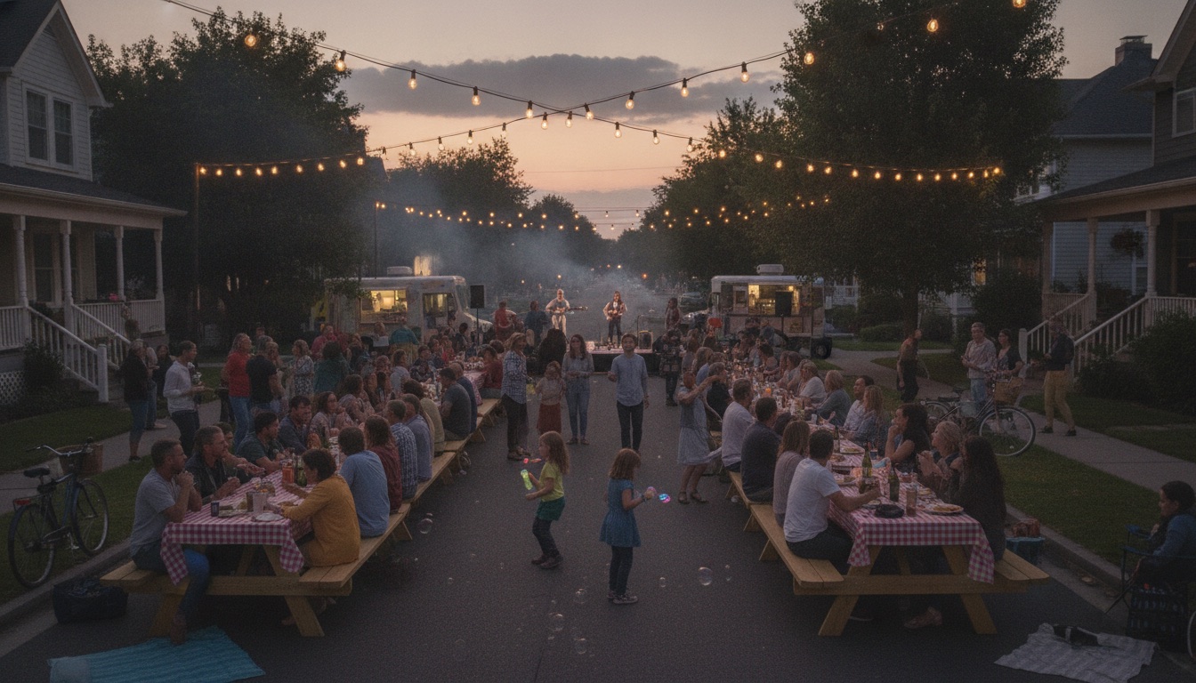 A warm evening block party scene with string lights and a hazy orange sky, communal and joyful