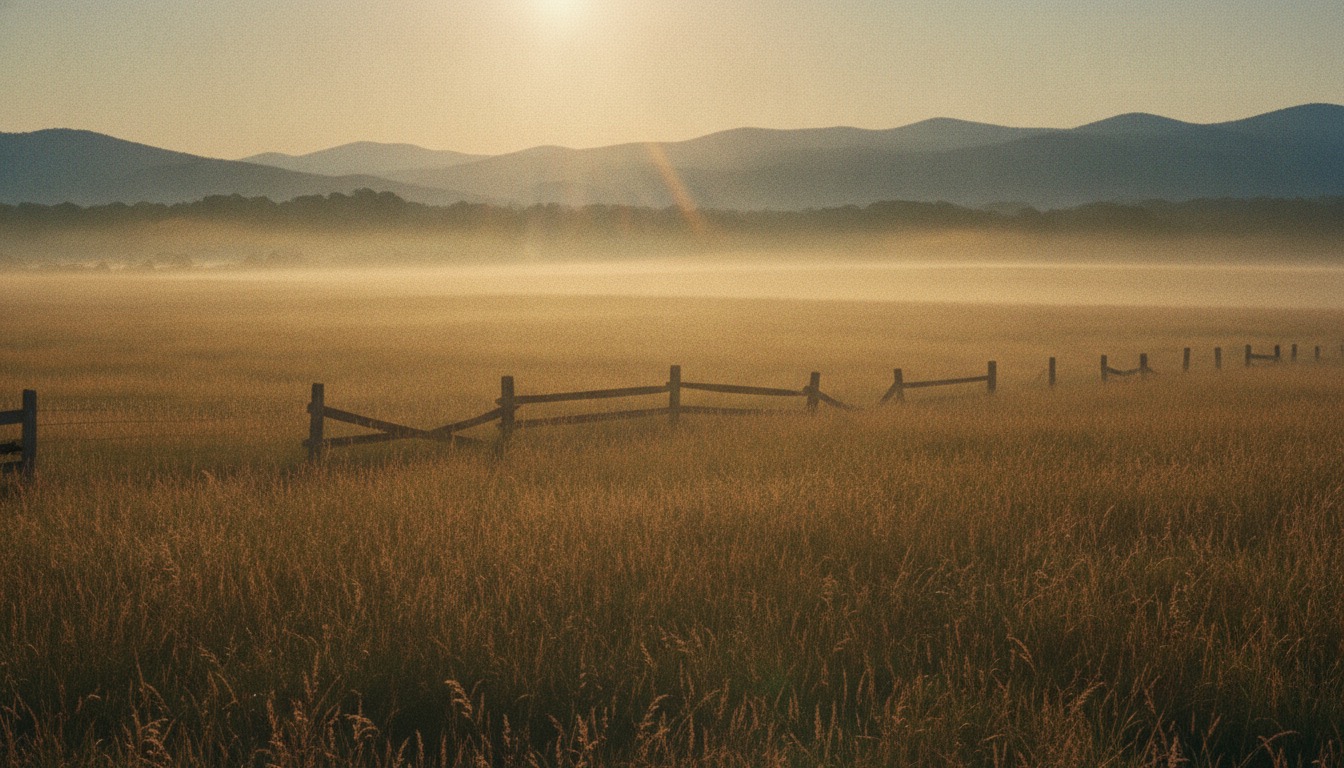 A misty hayfield at golden hour with distant Blue Ridge mountains and a lone wooden fence