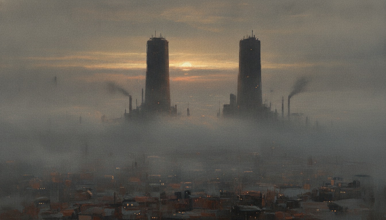A foggy industrial city skyline at dawn with twin towers silhouetted, muted grey and amber