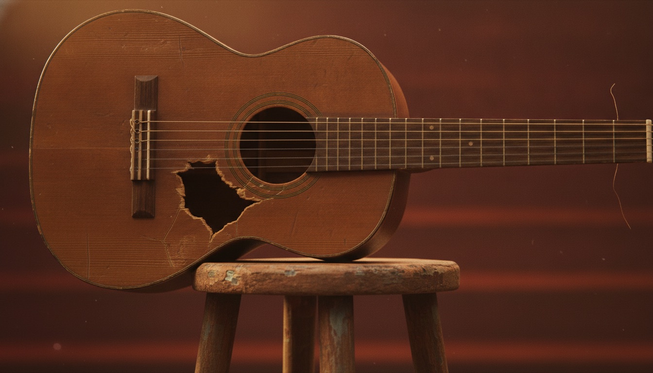 A weathered classical guitar with a worn hole in its body resting on a stool under warm stage light