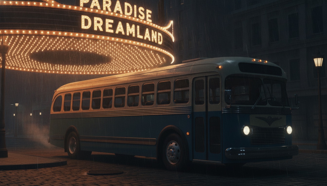 A tour bus parked at night under a lit marquee, warm windows glowing, the romance of the road